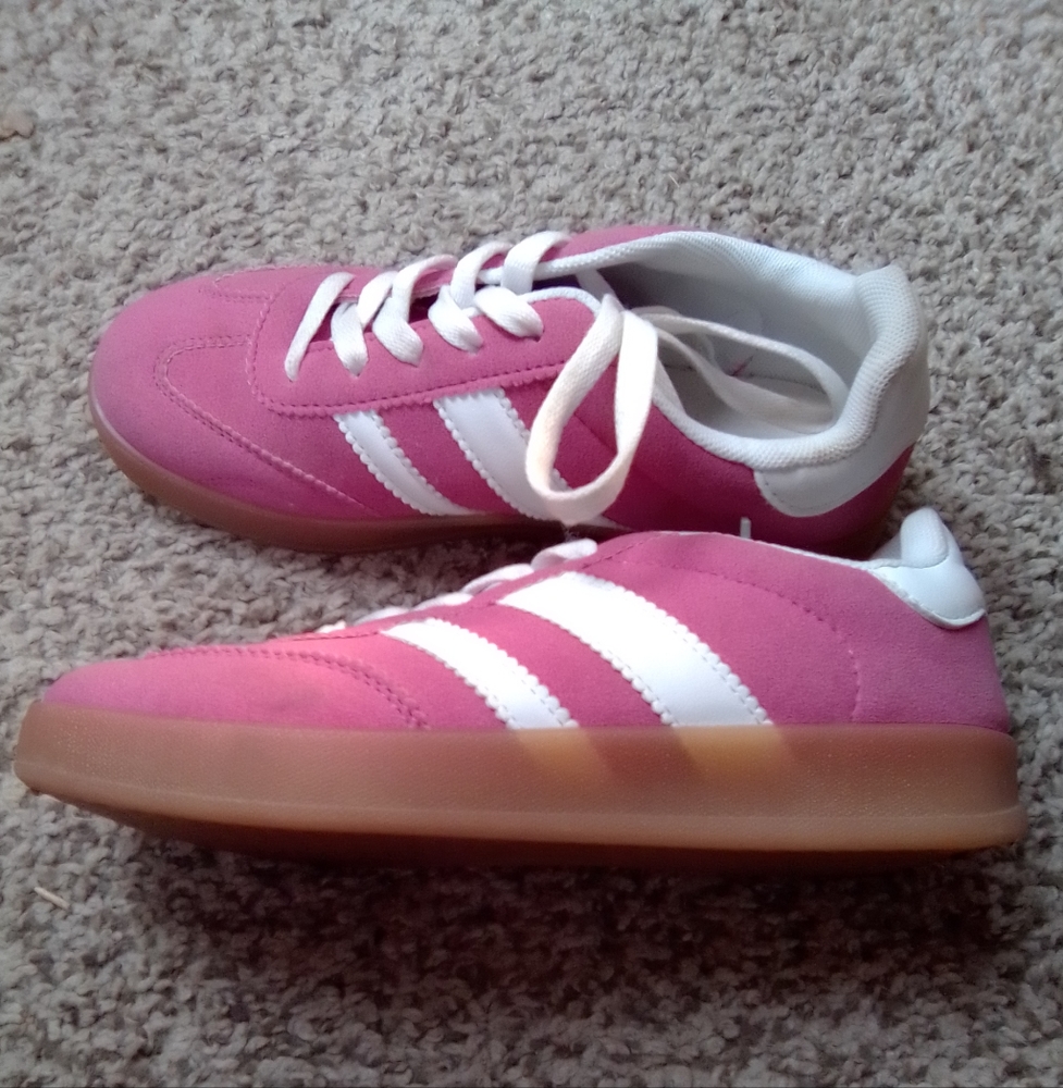 Adidas Pink and White Sneakers with Signature Stripes